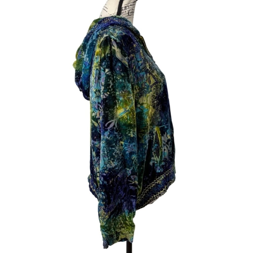 Chicos Velvet Burnout Jacket Hoodie Vintage Blue Green Fairy Boho Full-Zip Silk - Picture 2 of 7